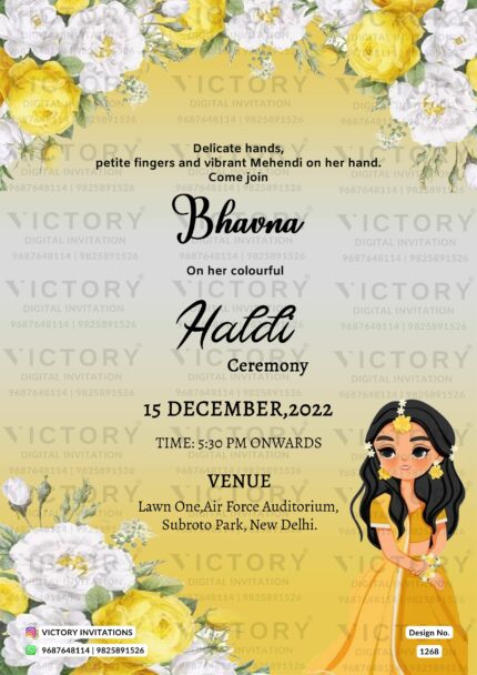 Yellow and White Floral Theme Haldi Ceremony Invite with Haldi Bride Doodle, design no. 1268