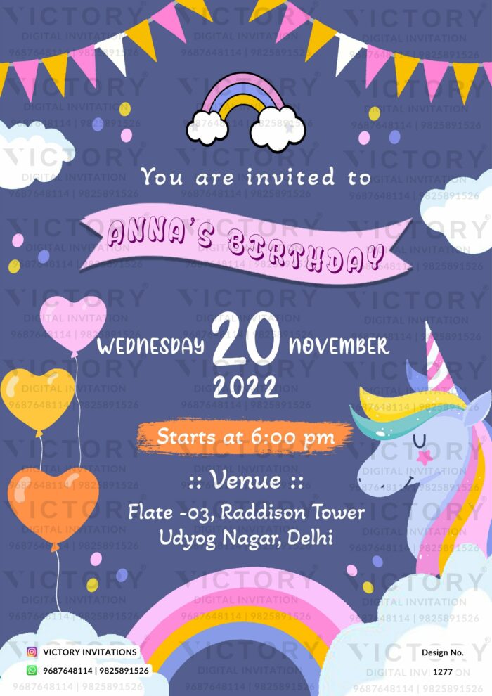 Magical Bright-colored Unicorn Theme Birthday Invitation with Fantasy Theme Elements, design no. 1277