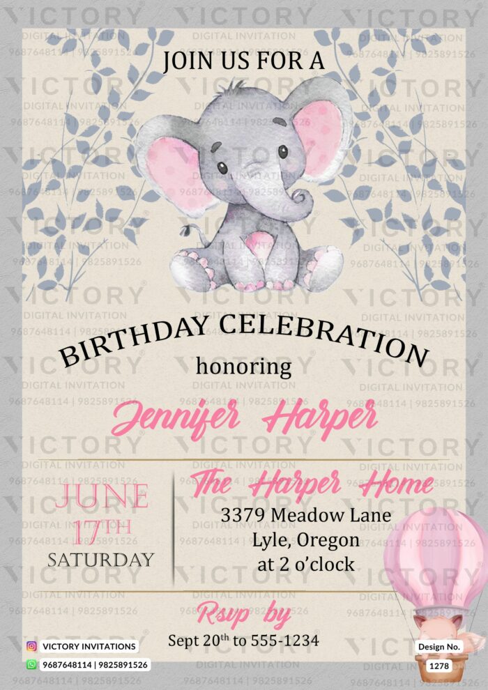Playful Elephant Pastel Grey and Beige Birthday Celebration Invitation, design no. 1278