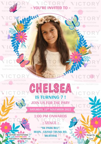 Bright-Colored Floral Motifs Pink and White Birthday Invitation with Original Birthday Girl Portrait, design no. 1279
