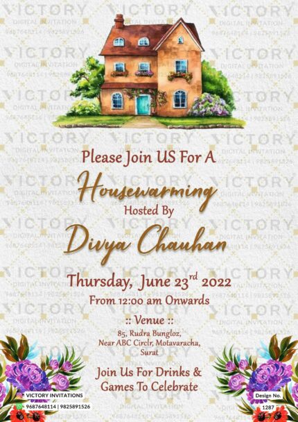 Water-colored Ivory Floral Theme Housewarming Invitation with Vintage House Illustration, design no. 1287