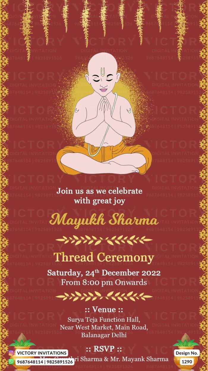 Crimson-Red and Gold Indian Traditional Thread Ceremony E-invite with Upanayana Illustration, design no. 1290