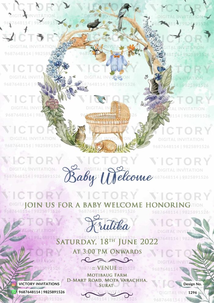 Turquoise and Lavender-Purple Vintage Theme Baby Welcome E-card with Lively Woodland Theme Illustrations, design no. 1296