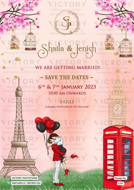 Pink Cherry Blossom Wedding E-invite with Romantic Couple Doodle and Classic European Monuments Illustrations, design no. 1297