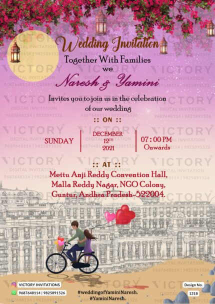 Romantic Fuchsia Pink Wedding E-invite with Classic Couple on Cycle Doodle and Greek Buildings Illustration, design no. 1318