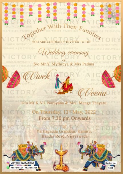 Vibrant Indian Traditional Digital Wedding Invitation with Festive Indian Illustrations, design no. 1321
