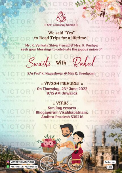Pink and Blue Floral Wedding Invite with Captivating Indian Sites and South-Indian Couple Doodle, design no. 1330