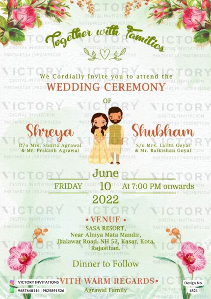 Pastel Green and Shocking Pink Floral Theme Digital Wedding Invite with Classic Indian Couple Doodle, design no. 1821