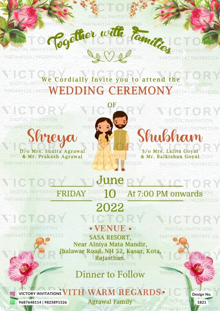 Pastel Green and Shocking Pink Floral Theme Digital Wedding Invite with Classic Indian Couple Doodle, design no. 1821