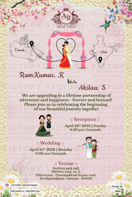 Floral Pastel Yellow and Pink Wedding E-invite with Indian Couple Doodles and Two Countries Map, design no. 1863