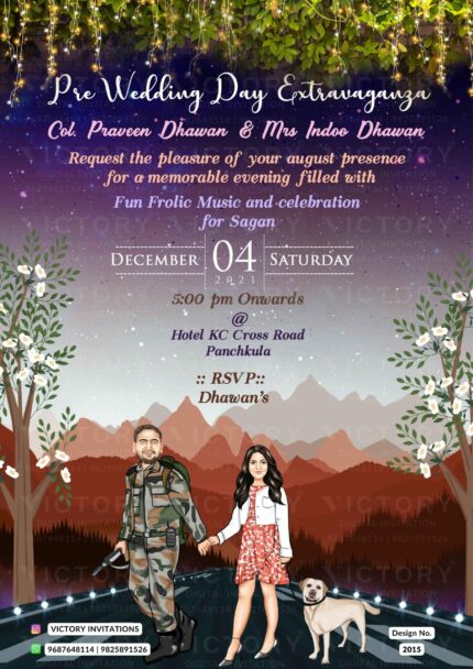 Army couple caricature invitation card for wedding ceremony of hindu punjabi haryanvi family in english language with highway theme design 2015