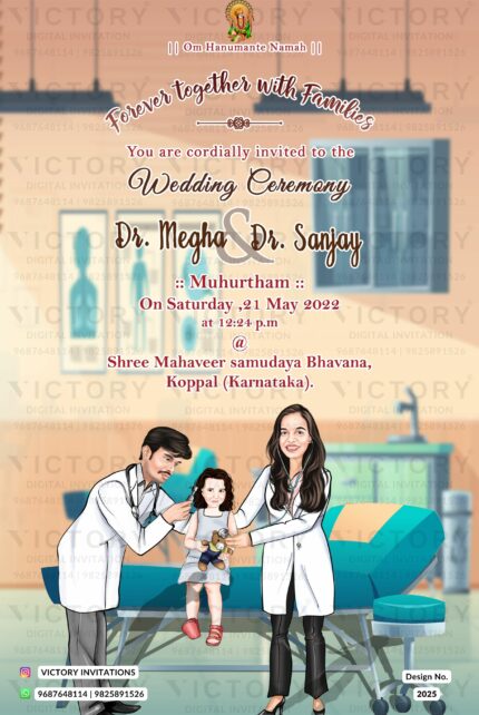 Peach and Teal Doctor Theme Digital Wedding Card with Couple Caricature, design no. 2025