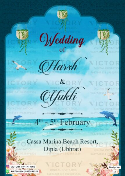 Wedding ceremony invitation card of hindu gujarati patel family in English language with beach theme design 15