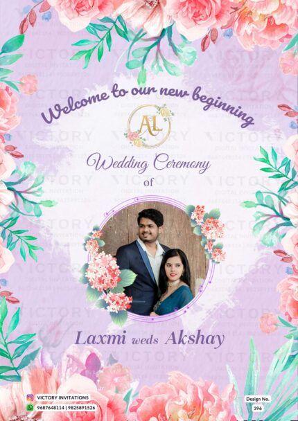 An Exquisite Invitation with a Striking Pale Purple and Green Tulip Blossom Artistry, Customized with a Delightful doodle and image of the couple, Design no.396