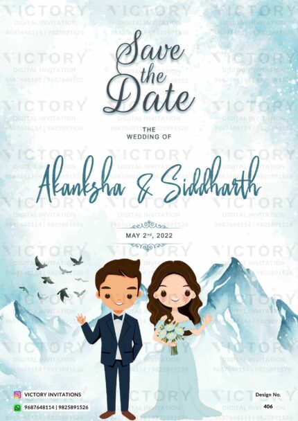 A Splendid Digital Wedding Invitation in Alice Blue and Blizzard Blue hues amidst a Serene Snowy Forest Backdrop with a Majestic Ganesha logo and a Delightful Doodle of the Couple, Design no.406
