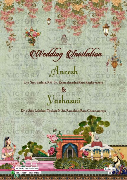 Wedding ceremony invitation card of hindu south indian telugu family in English language with traditional theme design 64