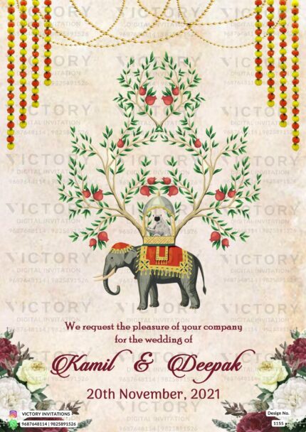Rustic Ivory and Gold Traditional Indian Elephant Theme Digital Wedding Invitations, Design no. 1155