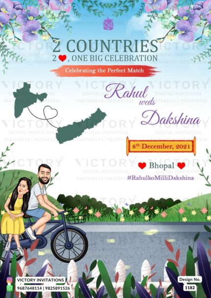 Romantic couple caricature invitation card for wedding ceremony of hindu North India family in english language with Two Countries love story theme design 1182