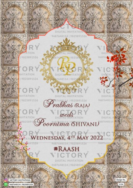 Intricate Silver and Pastel Shaded Vintage Floral Theme Indian Online Wedding Invites with Festive Indian Bride and Groom Doodle Illustrations, Design no. 1196