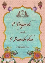 A Stunning E-Invite for a Wedding in Rose Fog and Vista Blue Tones, with a Majestic Arch, Stunning Floral Decorations, Hand-Drawn Couple doodles, and a Ganesha logo, Design no. 436