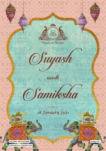 A Stunning E-Invite for a Wedding in Rose Fog and Vista Blue Tones, with a Majestic Arch, Stunning Floral Decorations, Hand-Drawn Couple doodles, and a Ganesha logo, Design no. 436