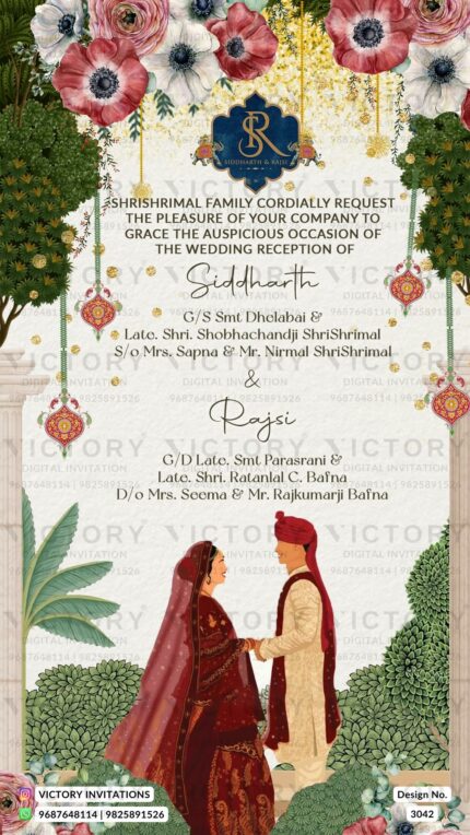 A Beautifully Designed Wedding Ceremony Invitation Card featuring Stunning Floral Elements, Vintage Couple Logo, and Couple Doodle. Design no. 3042