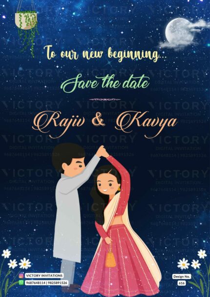 "Starry Moonlit Navy Blue Digital Invitation with Whimsical Doodles for a Modern-Indian Hindu Wedding Ceremony" Design no. 616