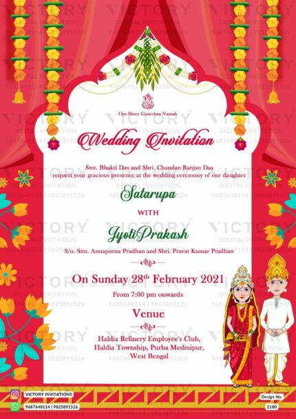 "An Inviting Digital Wedding Card with Vibrant Illustrations of an Odia Couple and Indian Festive Elements, Featuring Classic Victory Design and Detailed Textual Information in English for Satarupa and Jyoti Prakash's Wedding and Reception Ceremony" Design no. 2180