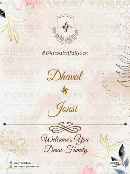 "Exquisite Bespoke Design: A Stunning Digital Menu Card that Epitomizes Elegance and Sophistication, Embellished with Lotus and Leaf Motifs, and Displays a Graceful Ring of Leaves with Initials, Including Details of Caterer and Dishes." Design no. 2639