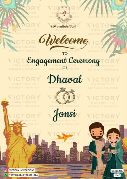 A Vibrant Electronic Engagement Invitation with Faded Tropical Leaves, Peacock Feathers, and Modern-City Monuments, A Classic Indian Doodle in Traditional Attire on a Solid Beige Background. Design no. 2667