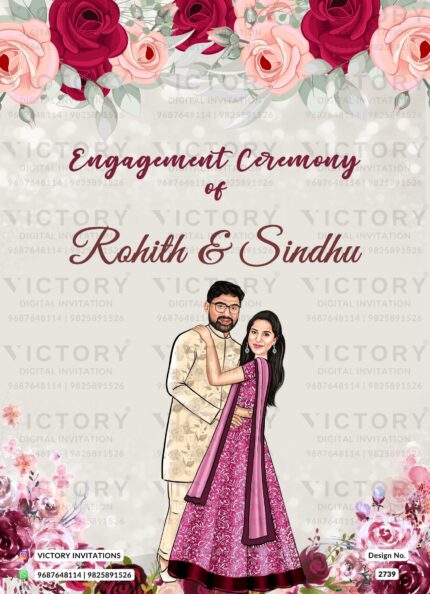 "Sparkling Digital Invitation Card Featuring Traditional Attire Caricature for a Beautiful Engagement, Elegant Hanging Lanterns, Floral Adornments, and Leafy Design with Essential Details" Design no. 2739