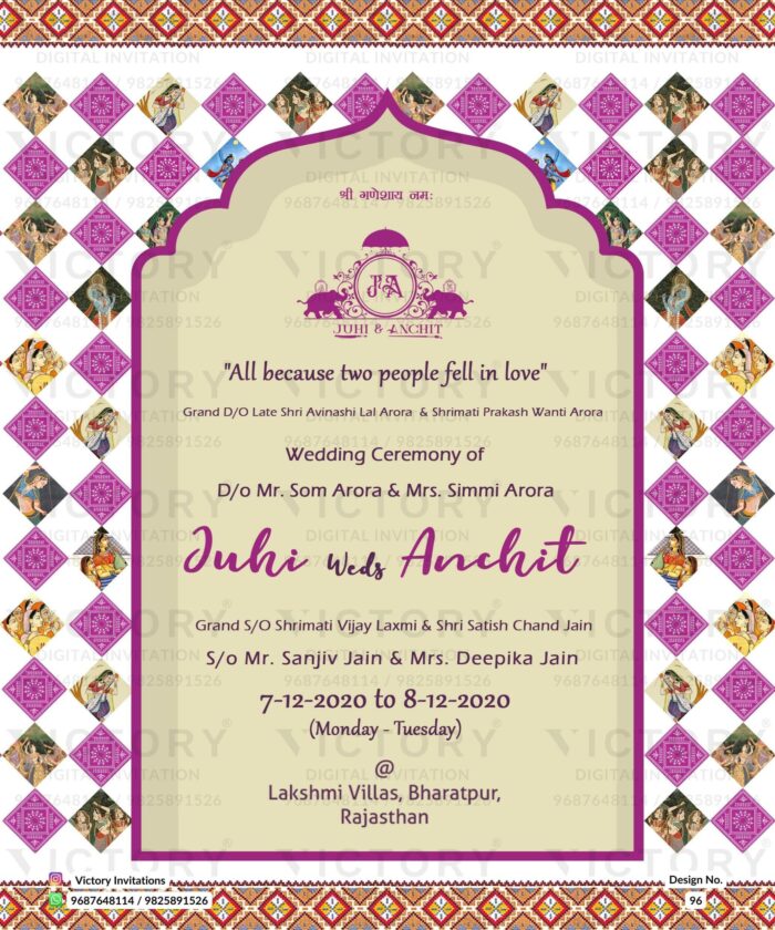 Wedding ceremony invitation card of hindu rajasthani marwari family in English language with traditional theme design 96
