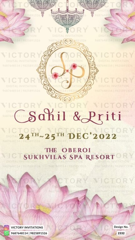 "An Exquisite Hindu Wedding Celebration: A Traditional Invitation featuring Lotus Motifs, Bohemian Umbrellas, and Vintage Mandap Illustrations on Gradient Pink and Ivory Textured Backgrounds with Vibrant Swami Narayan and Ganesh Illustrations." Design no. 2332