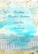Bright-colored Blue and White Vintage Theme Wedding Reception E-Invitation with Romantic Couple doodle,