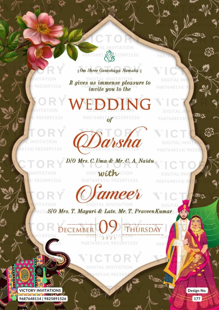Wedding ceremony invitation card of hindu rajput family in English language with arch theme design 177