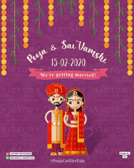 Wedding ceremony invitation card of hindu south indian telugu family in English language with minimalistic theme design 181
