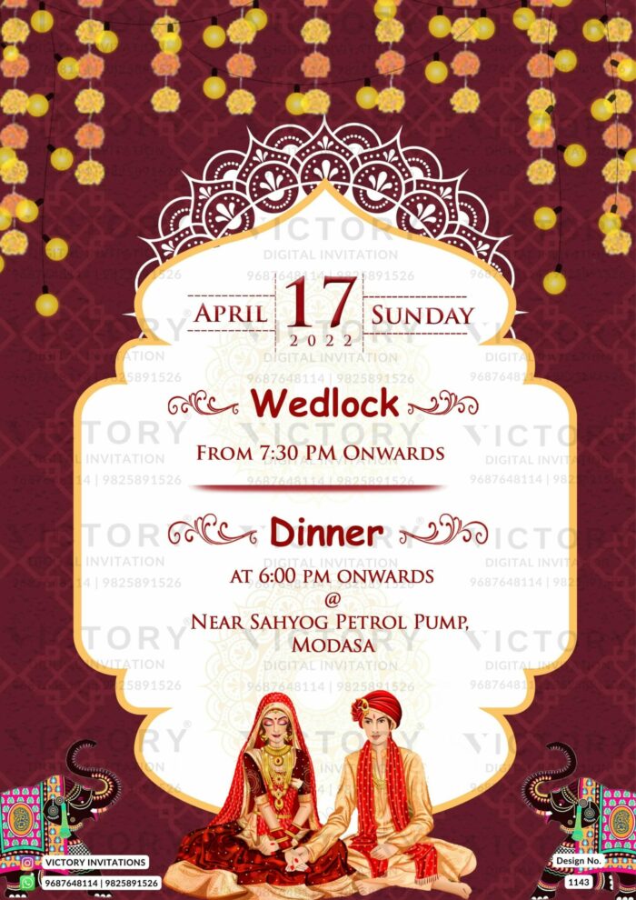 Wedding ceremony invitation card of hindu gujarati patel family in English language with traditional theme design 1143