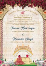 Romantic couple caricature invitation card for wedding ceremony of hindu punjabi sikh family in english language with Arch Artistic flower theme design 850
