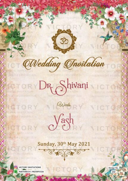 Traditional and royal couple caricature invitation card for wedding ceremony of hindu maharashtrian marathi family in english language with Floral Vintage theme design 250