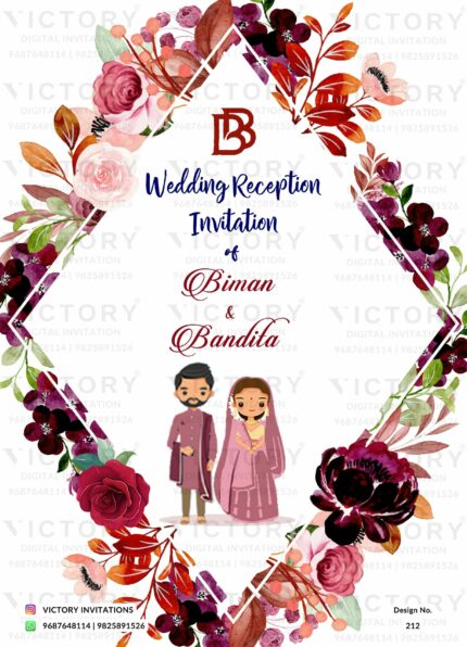 Wedding ceremony invitation card of hindu Assamese family in English language with floral theme design 212