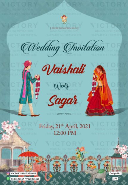 Majestic Pastel Shaded Digital Wedding Invitations with Regal Indian Elements and Indian Bride and Groom Illustrations, design no. 273