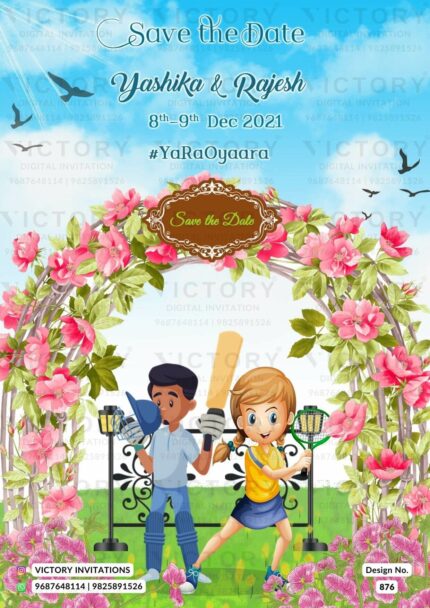 Captivating Bright Blue and Ivory Whimsical Theme Two-State Save the Date with Sports-Enthusiast Couple Doodle and Couple Love Story Illustrations,