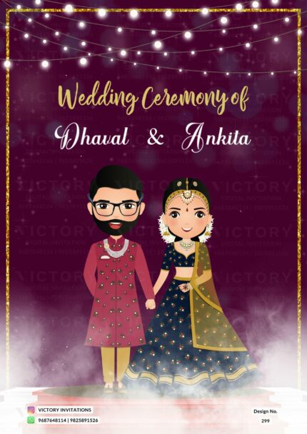 Burgundy Wine and Gold Traditional Online Wedding Invitations with Indian Couple Doodle, design no. 299