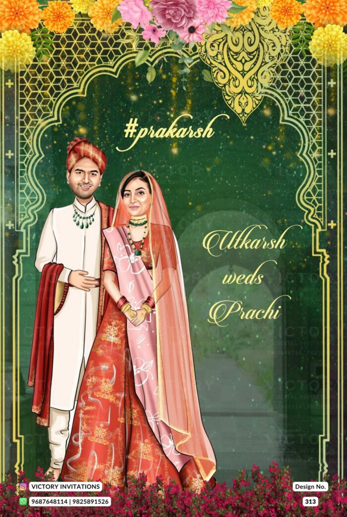 Traditional couple caricature invitation card for wedding ceremony of hindu Gujarati Patel family in english language with Arch frame theme design 313