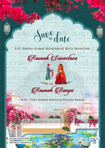 Teal and Plush Pink Traditional Vintage Garden Theme Electronic Wedding Cards with Festive Indian Wedding Doodle Illustrations