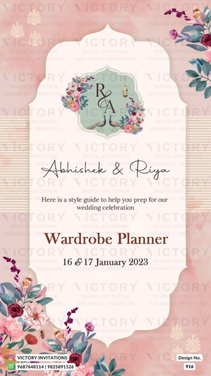 Pastel Pink and Pistachio Green Traditional Floral Theme Indian Wedding E-invitations (Wardrobe Planner) with Festive Indian No-Face Couple Illustrations
