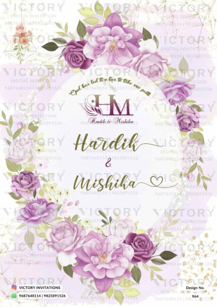 Lavish Pastel and Vibrant Shaded Vintage Floral and Whimsical Theme Indian Wedding E-invites with Stunning Couple Caricature Illustrations