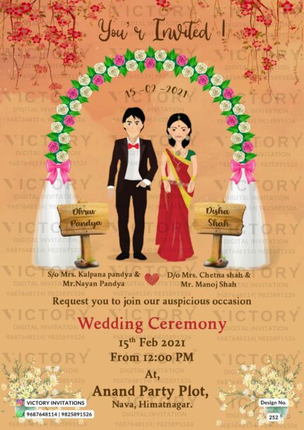 Wedding ceremony invitation card of hindu gujarati patel family in English language with love story theme design 252