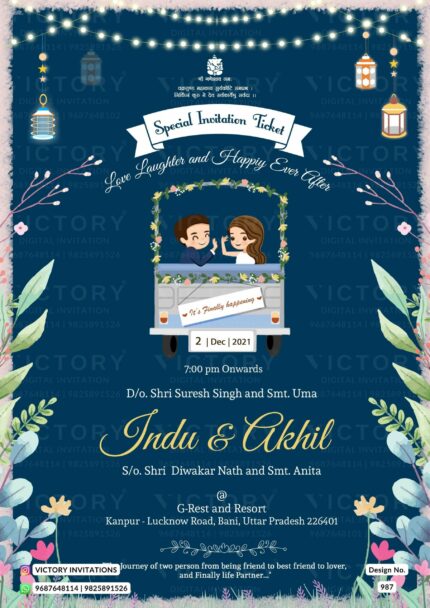 Navy Blue and Light Pink Whimsical Theme Indian Digital Wedding Invites with Captivating Love Story Timeline Couple Doodle Illustrations