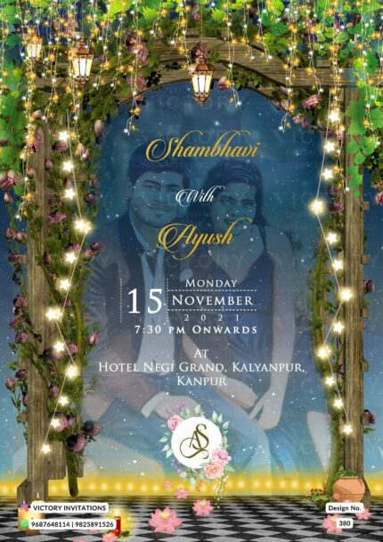 Wedding ceremony invitation card of hindu north indian bhojpuri family in English language with couple photo glittery theme design 380